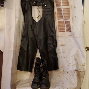 Leather biker riding bundle chaps vest boots glove
